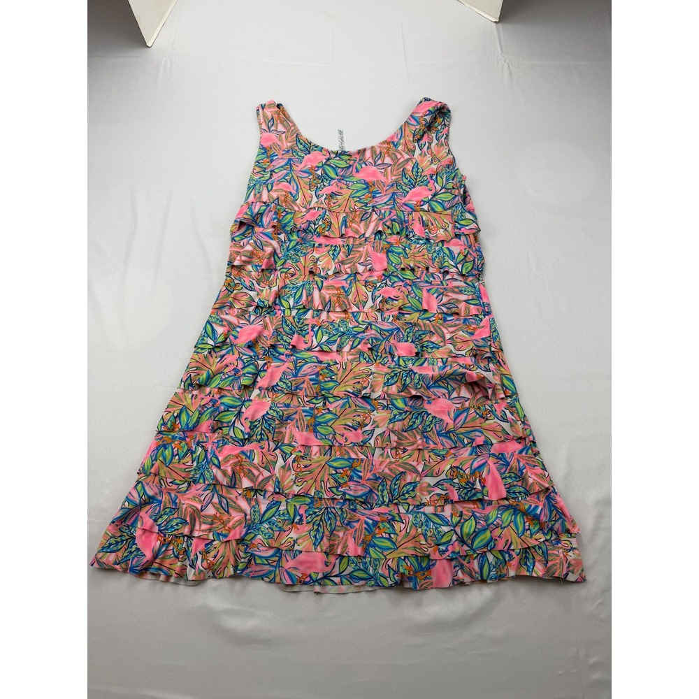 Bulu-Lulu Ruffle Tiered Dress Womens Large Pink Flamingo Tropical Sleeveless - Picture 11 of 12